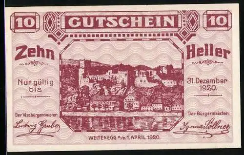 Notgeld Weitenegg 1920, 10 Heller, Burgansicht mit Fluss, gültig bis 31. Dezember 1920