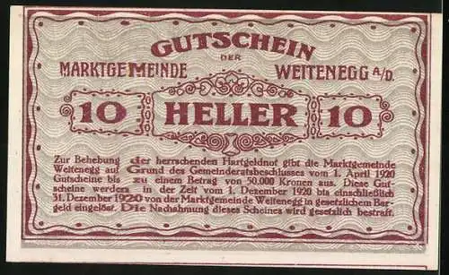 Notgeld Weitenegg 1920, 10 Heller, Burgansicht mit Fluss, gültig bis 31. Dezember 1920