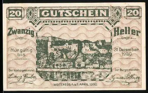 Notgeld Weitenegg 1920, 20 Heller, Burgansicht und dekoratives Ornamentmuster