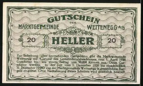 Notgeld Weitenegg 1920, 20 Heller, Burgansicht und dekoratives Ornamentmuster