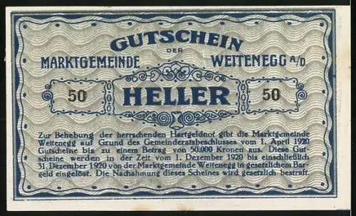 Notgeld Weitenegg 1920, 50 Heller, Burgansicht und dekorative Schriftzüge