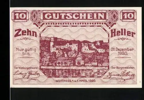 Notgeld Weitenegg 1920, 10 Heller, Stadtansicht und Textdekorationen