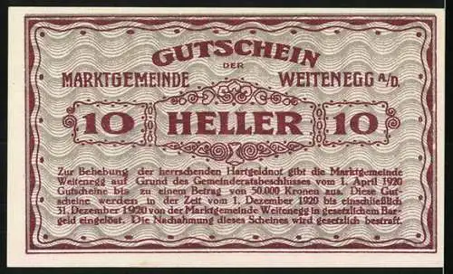 Notgeld Weitenegg 1920, 10 Heller, Stadtansicht und Textdekorationen