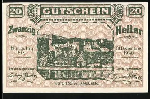 Notgeld Weitenegg 1920, 20 Heller, Schlosslandschaft und dekorative Schriftzüge