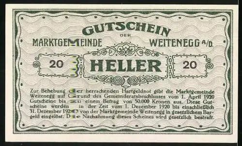 Notgeld Weitenegg 1920, 20 Heller, Schlosslandschaft und dekorative Schriftzüge