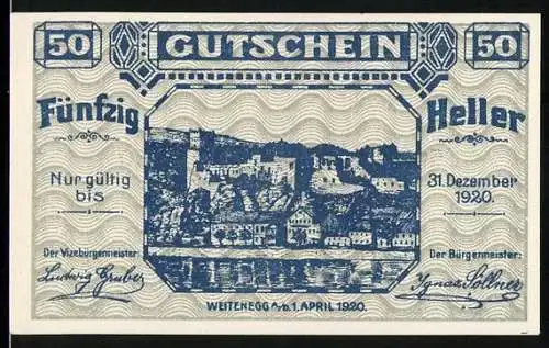 Notgeld Weitenegg 1920, 50 Heller, Stadtansicht mit Burg und Flusslandschaft