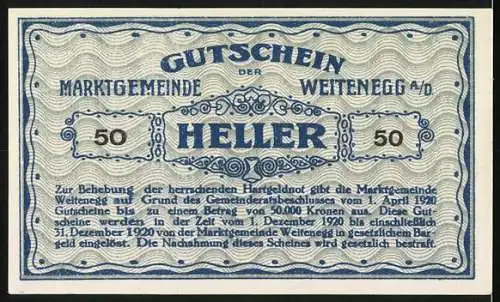 Notgeld Weitenegg 1920, 50 Heller, Stadtansicht mit Burg und Flusslandschaft