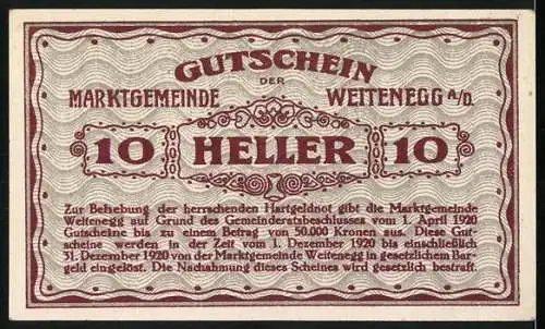 Notgeld Weitenegg 1920, 10 Heller, Burgansicht mit Fluss und dekorativem Muster