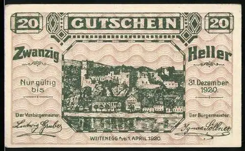 Notgeld Weitenegg 1920, 20 Heller, Burgansicht und dekoratives Muster