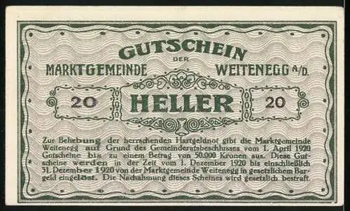 Notgeld Weitenegg 1920, 20 Heller, Burgansicht und dekoratives Muster