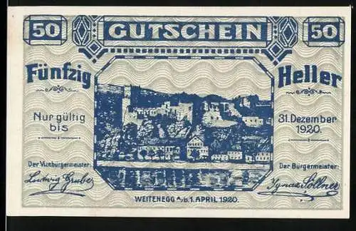 Notgeld Weitenegg 1920, 50 Heller, Stadtansicht mit Burg und Fluss