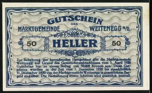 Notgeld Weitenegg 1920, 50 Heller, Stadtansicht mit Burg und Fluss