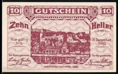 Notgeld Weitenegg 1920, 10 Heller, Stadtansicht mit Burg und Fluss, gültig bis 31. Dezember 1920