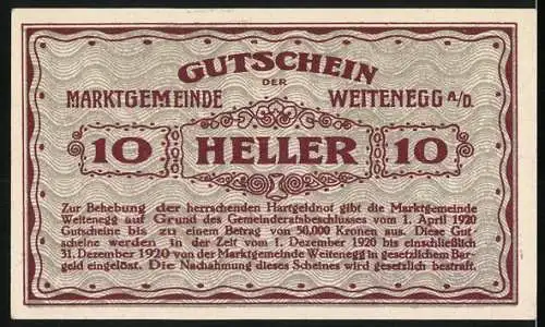 Notgeld Weitenegg 1920, 10 Heller, Stadtansicht mit Burg und Fluss, gültig bis 31. Dezember 1920