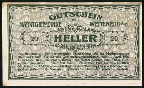 Notgeld Weitenegg 1920, 20 Heller, Burgansicht mit Text und Unterschriften der Bürgermeister