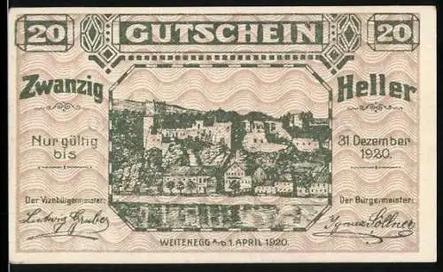 Notgeld Weitenegg 1920, 20 Heller, Stadtansicht mit Burg, gültig bis 31. Dezember 1920