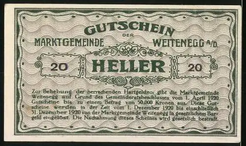 Notgeld Weitenegg 1920, 20 Heller, Stadtansicht mit Burg, gültig bis 31. Dezember 1920