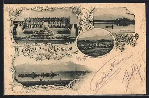 AK Prien, Königliches Schloss, Herren-Insel, Frauen-Insel, 4 Ansichten, gerahmte Ansichten, Blumenverzierung