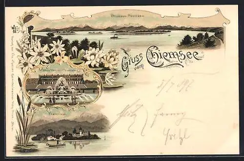 Lithographie Chiemsee, Panorama, Schloss Herren, Fraueninsel