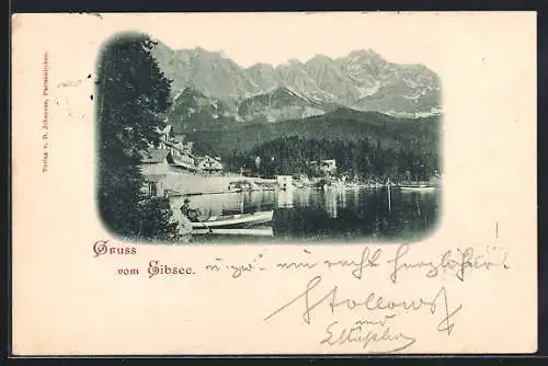 AK Eibsee, Ruderboot am Uferrand und Blick zur Zugspitze