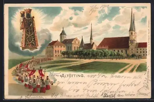Lithographie Altötting, Blick nach der Wallfahrtskirche, Schwarze Madonna, Geistlichenzug