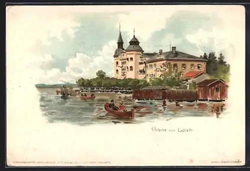 Lithographie Leoni, Ortsansicht mit Ruderboot