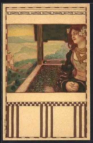 Künstler-AK junge Frau im Mieder auf einem Aussichtsturm, Jugendstil