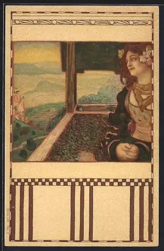 Künstler-AK junge Frau im Mieder auf einem Aussichtsturm, Jugendstil