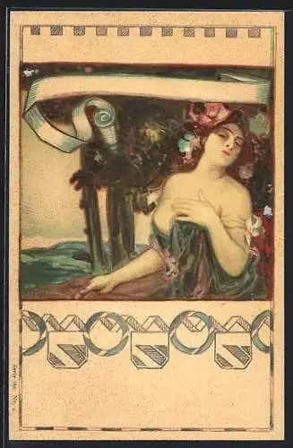 Lithographie Frau präsentiert ihr Decollete, Jugendstil