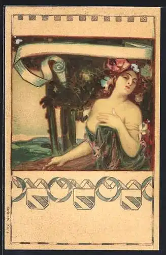 Lithographie Frau präsentiert ihr Decollete, Jugendstil