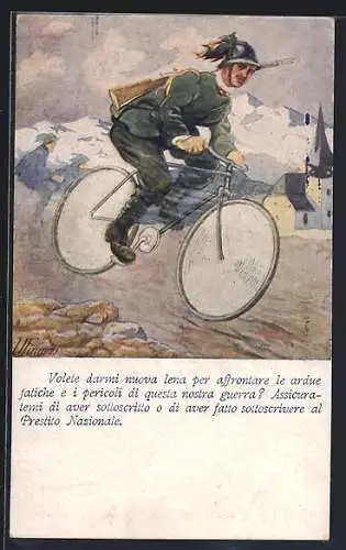 Künstler-AK Bersagliere auf Fahrrad bei rasanter Abfahrt, ital. Kriegsanleihe