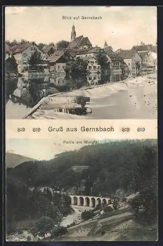 AK Gernsbach, Blick auf den Ort, Partie am Murgtal