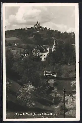 AK Linz a. D., Blick auf den Pöstlingberg mit dem Schloss Hagen, an der Bergbahn