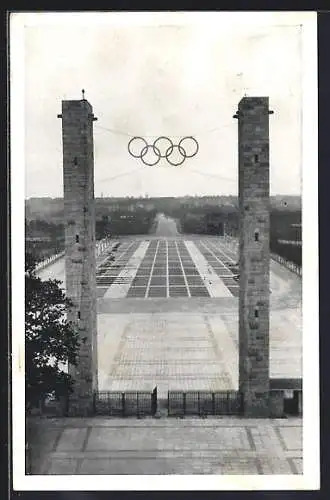 AK Berlin, Reichsportfeld, Blick von der Deutschen Kampfbahn durch das Osttor, Olympische Ringe