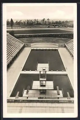 AK Berlin, Reichssportfeld, Blick von der deutschen Kampfbahn auf das Schwimmstadion