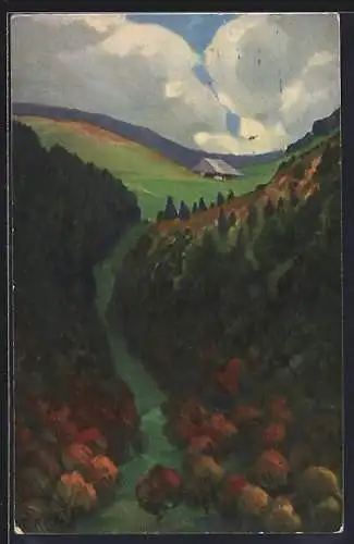 Künstler-AK Fritz Reiss: Herbst im Schwarzwald, Bauernhaus mit Wald