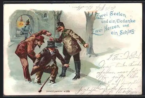 Lithographie Polizist eilt herbei um eine Schlägerei zwischen Männern zu beenden