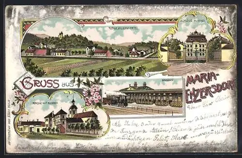 Lithographie Maria-Enzersdorf, Bahnhof mit einfahrendem Zug, Kirche mit Kloster