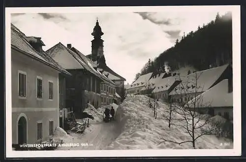 AK Annaberg, Teilansicht unter hoher Schneedecke, Kirche