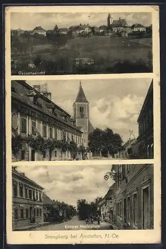 AK Strengberg bei Amstetten, Unterer Marktplatz, Partie an der Kirche, Gesamtansicht