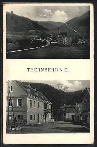 AK Thernberg, Gasthaus mit Strassenpartie, Ortsansicht aus der Ferne