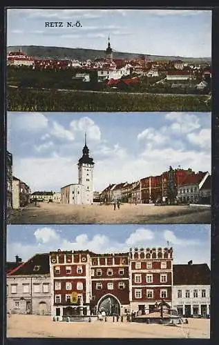 AK Retz, Torgebäude mit Denkmal, Kirche u. Cafe Karl Süss, Ortspartie mit Kirche, Ortsansicht