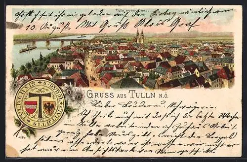 Lithographie Tulln an der Donau, Teilansicht mit Strassenpartie, Wappen