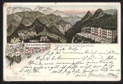 Vorläufer-Lithographie Semmering, 1894, Südbahn-Hotels auf dem Semmering