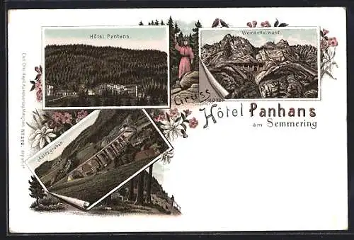 Lithographie Semmering, Hotel Panhans, Adlitzgraben, Weinzettelwand