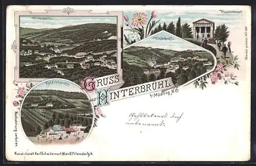 Lithographie Hinterbrühl b. Mödling, Gasthaus Höldrichsmühle, Husarentempel