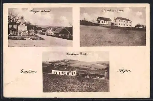 AK Aigen, Gasthaus Pichler, Schule und Kriegerdenkmal