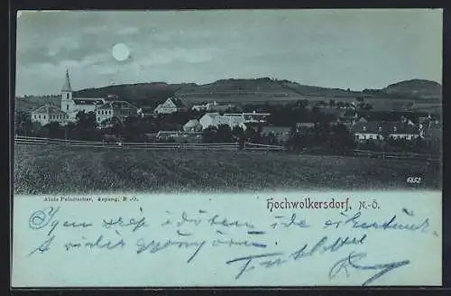 Mondschein-AK Hochwolkersdorf, Blick über die Dächer