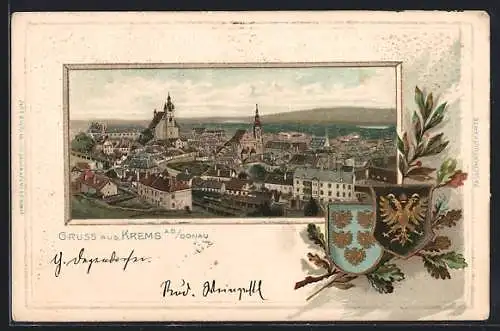 Passepartout-Lithographie Krems a.d. Donau, Gesamtansicht, Wappen