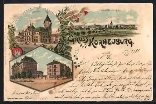 Lithographie Korneuburg, Rathaus, Erzherzog Albrecht Kaserne